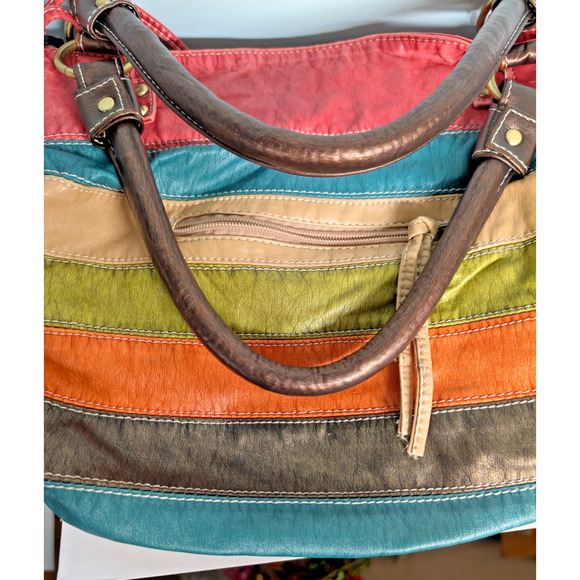 J & E New York Handbag Multi-Colored Stripes Soft Leather Metallic Handle - Picture 6 of 10